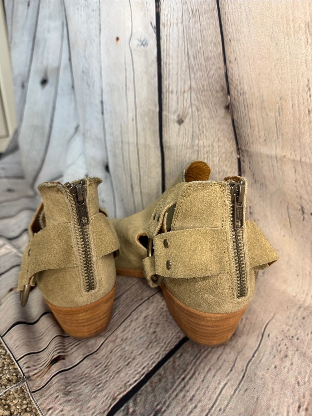 Frye Beige Suede Cutout Ankle Booties with Ring Detail - Picture 4 of 11